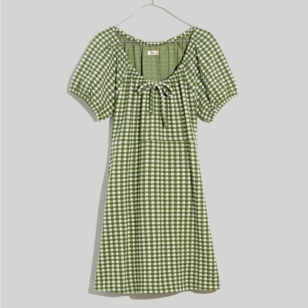 Jacquard Puff-Sleeve Mini Dress in Gingham Check